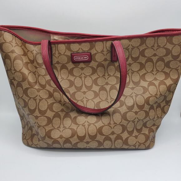 Coach Park Metro Signature Coated Canvas Tote Leather Handbag Shoulder Purse - Picture 3 of 13